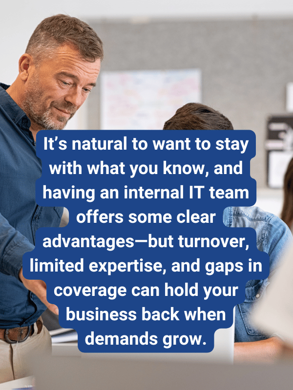 IT professional offering support to computer user with text overlay about pros and cons of internal IT